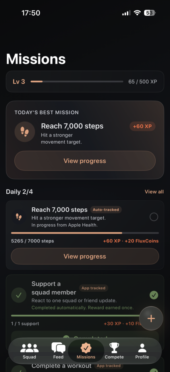 Flux Missions screen showing a daily action and progress