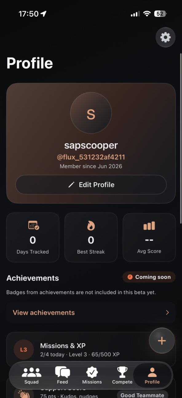 Flux Profile screen with personal progress