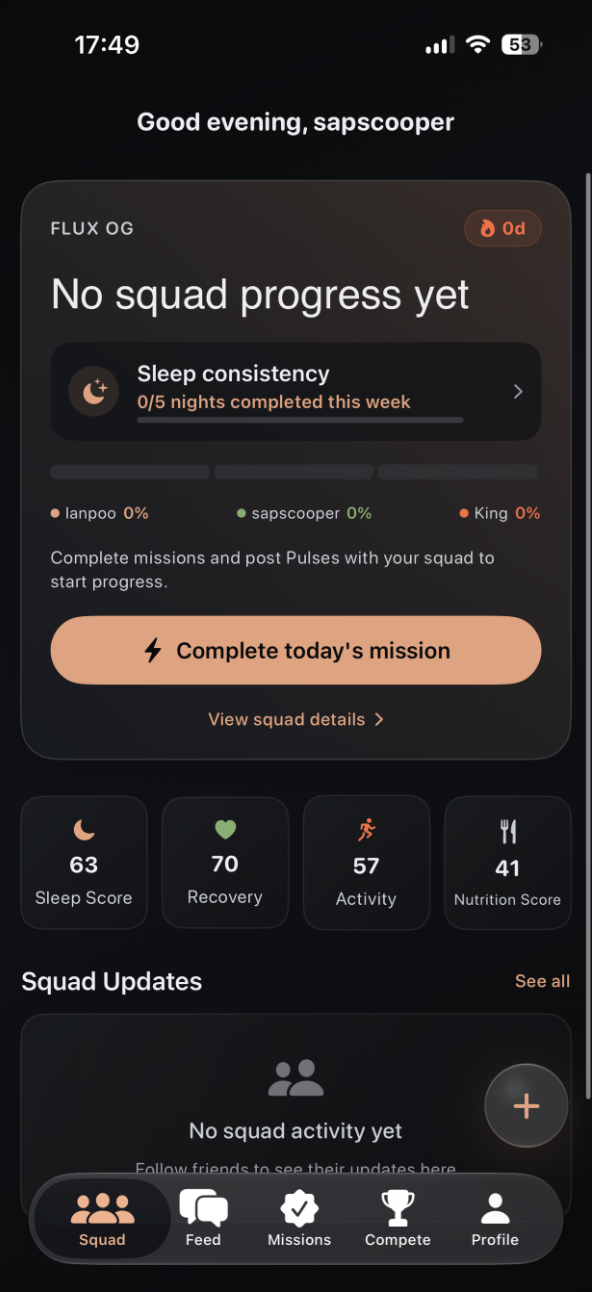 Flux Squad screen showing shared health progress